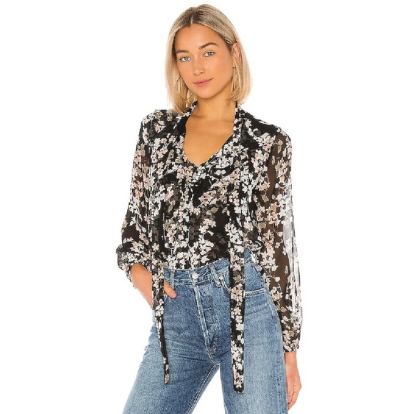 NWT MISA Patia Black Floral Sheer Long Sleeve Tie Neck Blouse Size Small - Picture 6 of 7